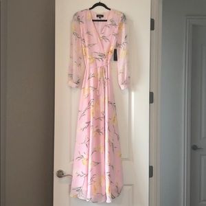 Blush pink floral long sleeve wrap maxi dress